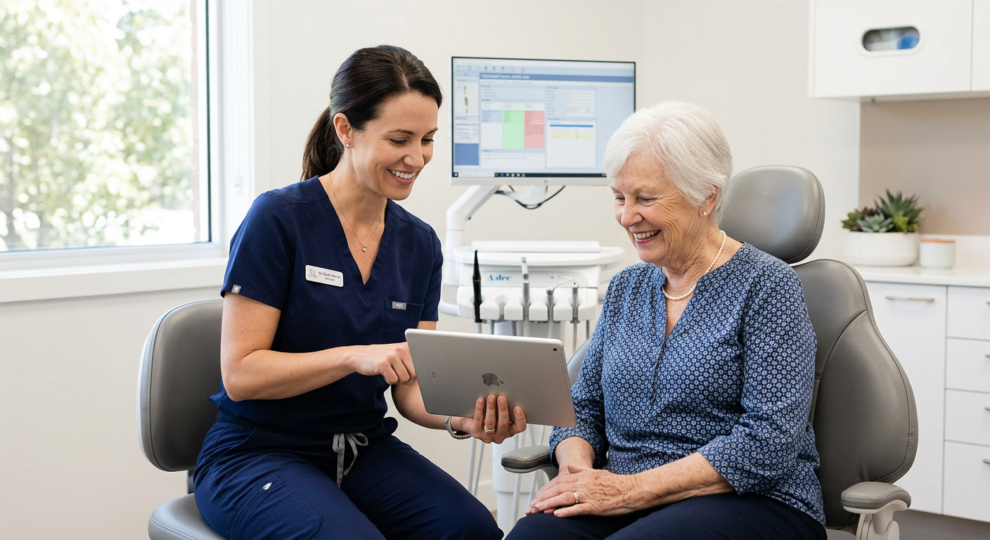 Dentist showing smile preview to patient on tablet